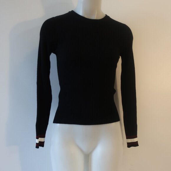 Womens MNG Black Ribbed Knit Crew Striped Cuff Sweater S - Picture 1 of 11